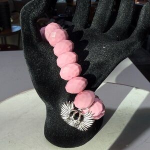 Pink Beaded Chunky Bracelet with Silver-tone Winged Crown Charm *NWOT